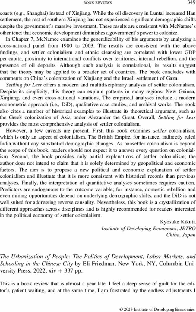 The Urbanization of People: The Politics of Development, Labor Markets, and Schooling in the Chinese City by  Eli Friedman, New York, NY, Columbia University Press,  2022, xiv + 337 pp.