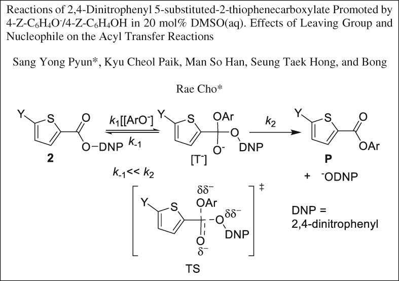 Reactions of 2,4-dinitrophenyl 5-substituted-2-thiophenecarboxylate promoted by 4-ZC6H4O−/4-ZC6H4OH in 20 mol% DMSO(aq). Effects of leaving group and nucleophile on the acyl transfer reactions