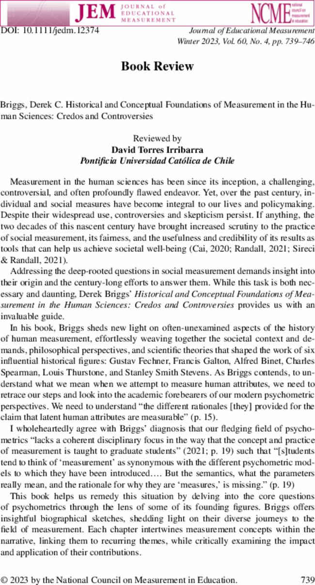 Derek C. Briggs Historical and Conceptual Foundations of Measurement in the Human Sciences: Credos and Controversies