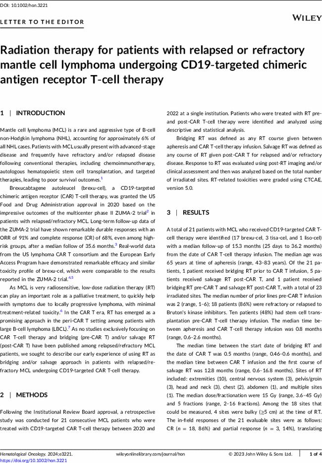 Radiation therapy for patients with relapsed or refractory mantle cell lymphoma undergoing CD19-targeted chimeric antigen receptor T-cell therapy