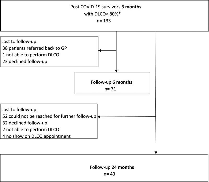Two-year diffusion capacity trajectory in COVID-19 pneumonia survivors.