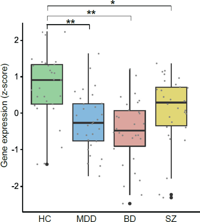 Early growth response 1 (EGR1) is downregulated in peripheral blood from patients with major psychiatric disorders.