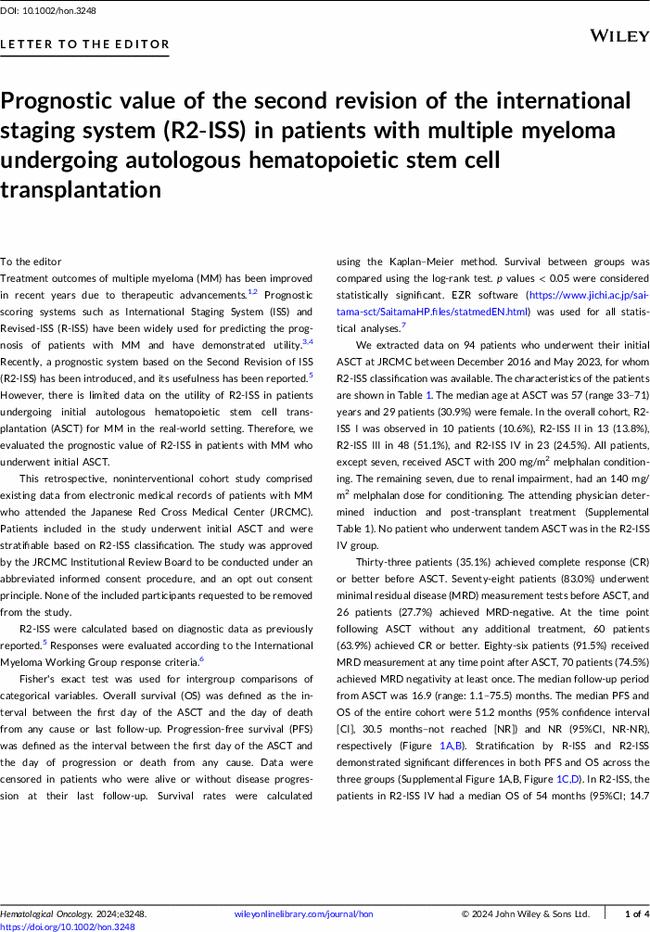 Prognostic value of the second revision of the international staging system (R2-ISS) in patients with multiple myeloma undergoing autologous hematopoietic stem cell transplantation