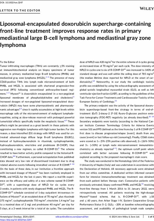 Liposomal-encapsulated doxorubicin supercharge-containing front-line treatment improves response rates in primary mediastinal large B-cell lymphoma and mediastinal gray zone lymphoma