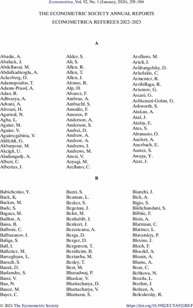 The Econometric Society Annual Reports Econometrica Referees 2022–2023