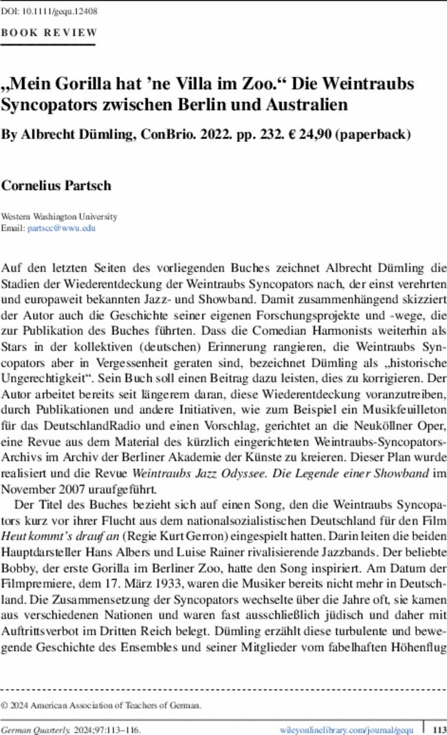 „Mein Gorilla hat ’ne Villa im Zoo.“ Die Weintraubs Syncopators zwischen Berlin und Australien By  Albrecht Dümling, ConBrio.  2022. pp.  232. € 24,90 (paperback)