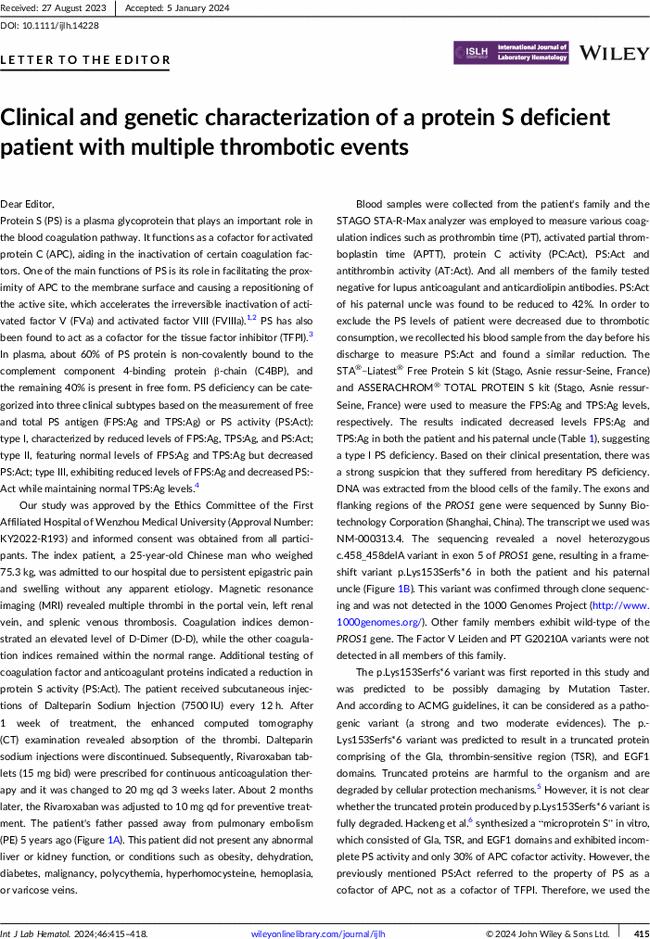 Clinical and genetic characterization of a protein S deficient patient with multiple thrombotic events