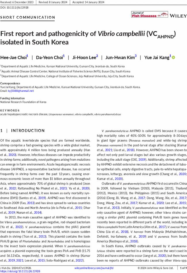 First report and pathogenicity of Vibrio campbellii (VCAHPND) isolated in South Korea