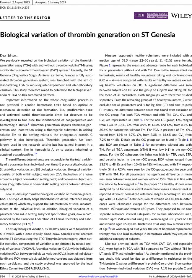 Biological variation of thrombin generation on ST Genesia