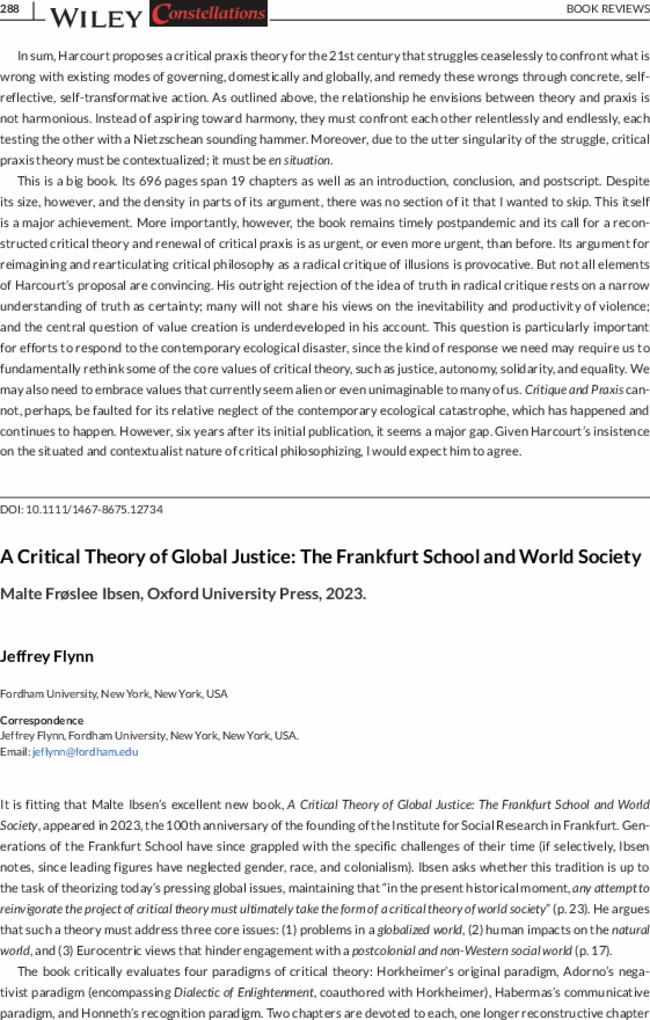 A Critical Theory of Global Justice: The Frankfurt School and World Society , Malte Frøslee Ibsen, Oxford University Press,  2023.