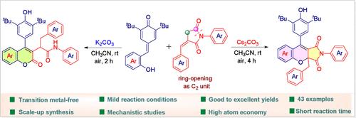 Base-Promoted Chemodivergent Construction of 2<i>H</i>-Chromen-2-one and Chromeno[2,3-<i>c</i>]pyrrole Scaffolds from <i>para</i>-Quinone Methides and α-Alkylidene Succinimides.