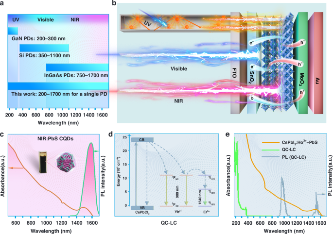 Highly DUV to NIR-II responsive broadband quantum dots heterojunction photodetectors by integrating quantum cutting luminescent concentrators