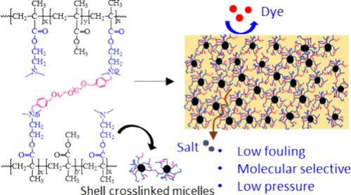 Low Fouling Molecular Selective Channels through Self-assembly of Cross-linked Block Copolymer Micelles for Selective Separation of Dye and Salt