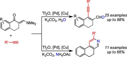 Divergent Synthesis of Enynals and Dihydrobenzo[<i>f</i>]isoquinolines via Deoxyalkynylation of Enaminones Enabled by the Cooperative Action of Tf<sub>2</sub>O/Pd/Cu.
