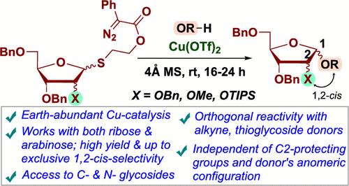 Catalytic Activation of Thioglycosides with Copper-Carbenes for Stereoselective 1,2-<i>Cis</i>-Furanosylations.