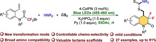 Three-Component Photochemical Cyclization/Dithiocarbamate Formation of <i>gem</i>-Difluoro Quinolin-2(1<i>H</i>)-ones.