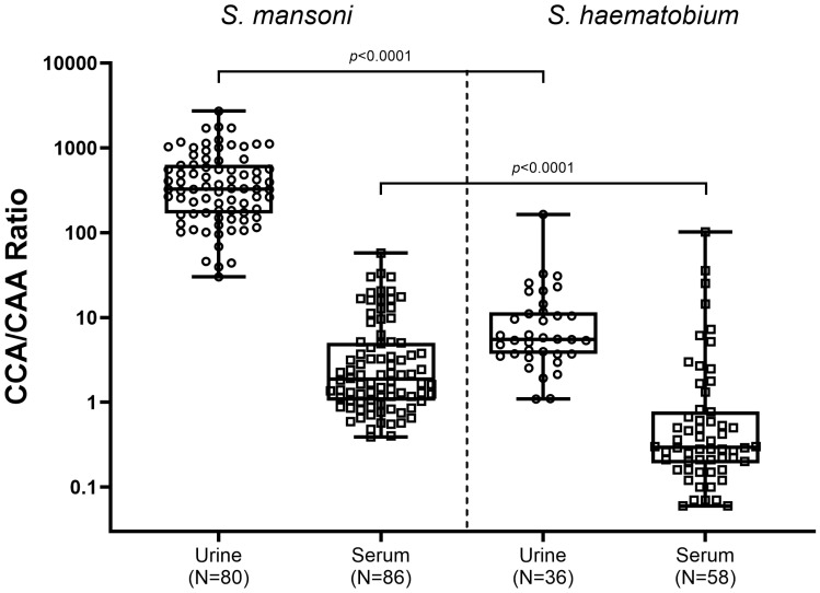 Detecting two <i>Schistosoma</i> circulating antigens - CCA and CAA - in urine and serum to improve diagnosis of human schistosomiasis.