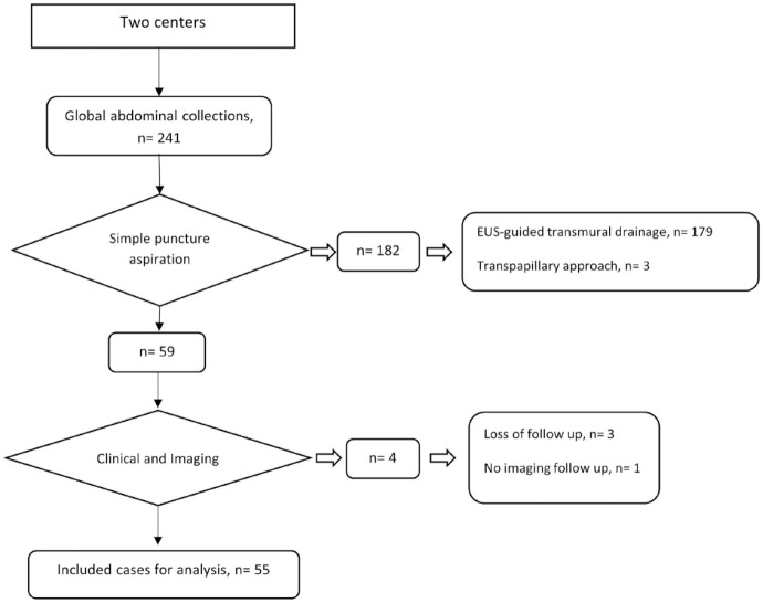 Effectiveness of endoscopic ultrasound-guided simple puncture-aspiration (non-stenting) in the management of abdominal collections.