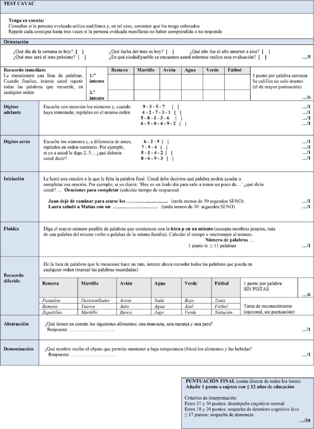 [Construction and validation of a test for verbal auditory screening of cognitive alterations (CAVAC)].