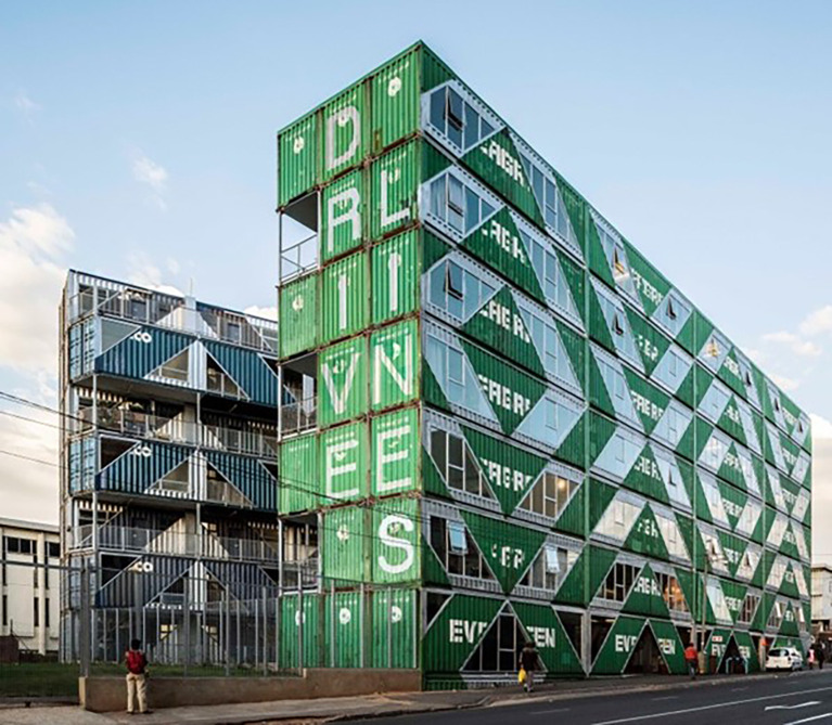 Container buildings used for residential and business purposes in Johannesburg, South Africa and potential heat-related health risks.