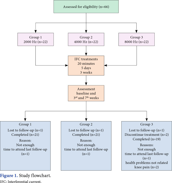 The efficacy of interferential current treatment on knee osteoarthritis: A pilot randomized double-blind study comparing the effects of different carrier frequencies.