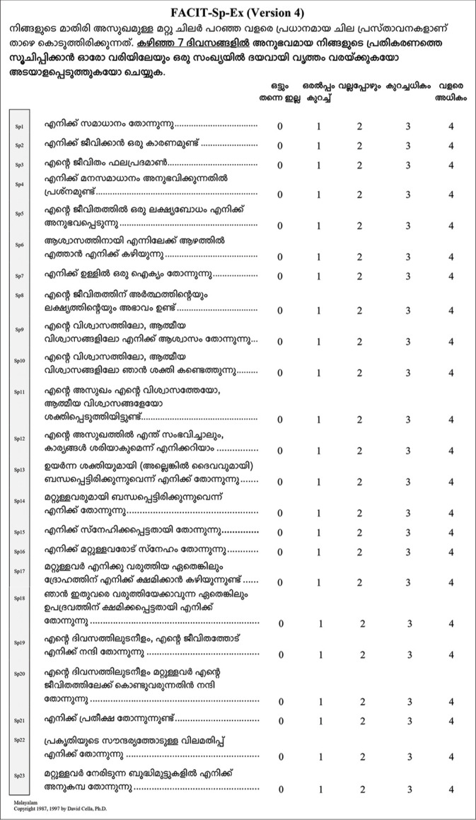 Linguistic Validation of the Functional Assessment of Chronic Illness Therapy-Spiritual-Well-being-Expanded Version 4 Tool into Malayalam Language and its Feasibility in Advanced Cancer Patients Receiving Palliative Care.