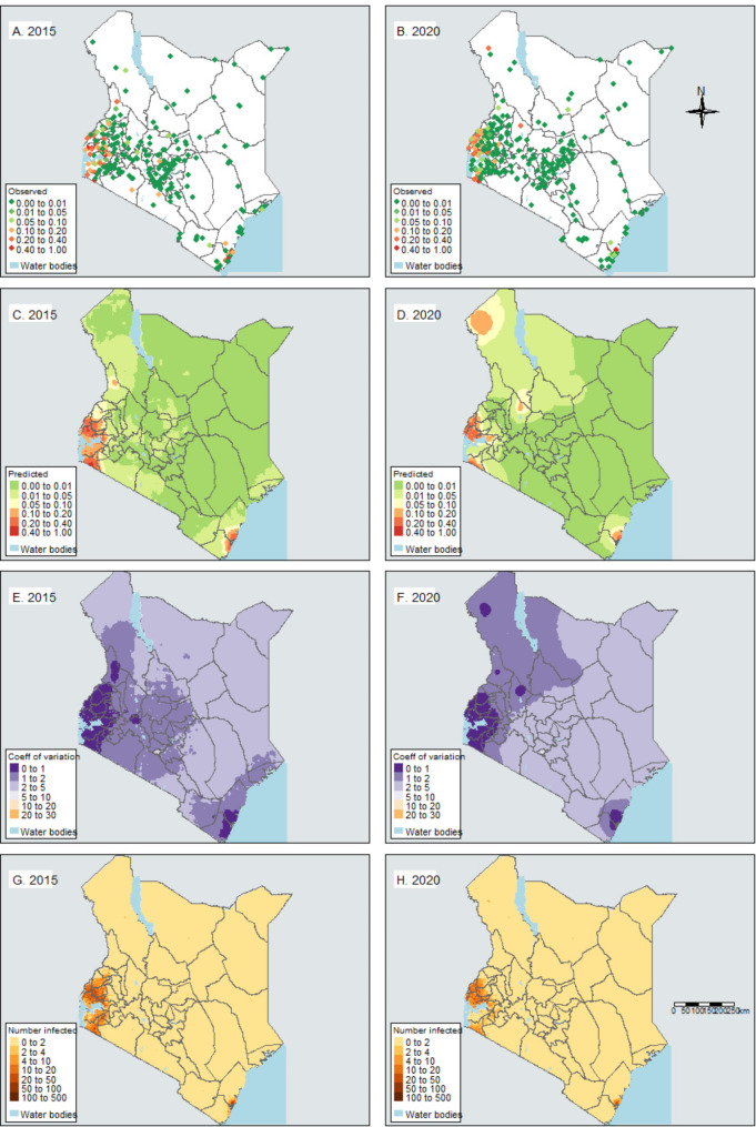 The influence of malaria control interventions and climate variability on changes in the geographical distribution of parasite prevalence in Kenya between 2015 and 2020.