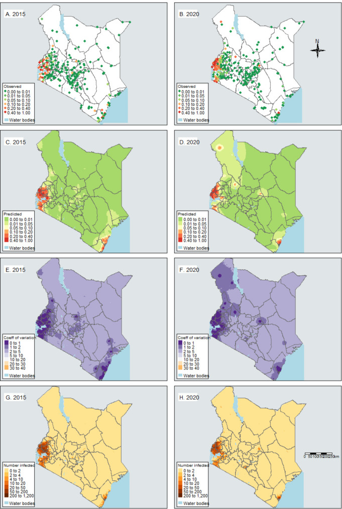 The influence of malaria control interventions and climate variability on changes in the geographical distribution of parasite prevalence in Kenya between 2015 and 2020.