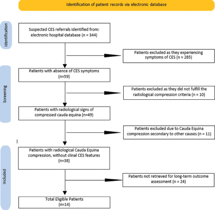 Incidence and long-term patient reported outcome measures of patients with radiological cauda equina compression but without clinical features of cauda equina syndrome.
