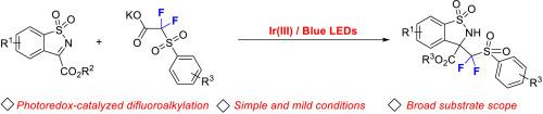 Visible light mediated decarboxylative difluoroalkylations of cyclic N-sulfonyl ketimines: Efficient synthesis of difluoroalkylated Cα-tetrasubstituted α-amino acid derivatives