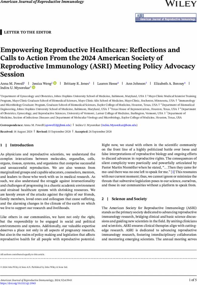 Empowering Reproductive Healthcare: Reflections and Calls to Action From the 2024 American Society of Reproductive Immunology (ASRI) Meeting Policy Advocacy Session