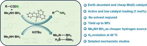 Unraveling the Metal–Ligand Cooperativity in a Phosphine-Free Mn(II)-Catalyzed Transfer Hydrogenation of Nitriles to Primary Amines and Dehydrogenation of Dimethylamine Borane