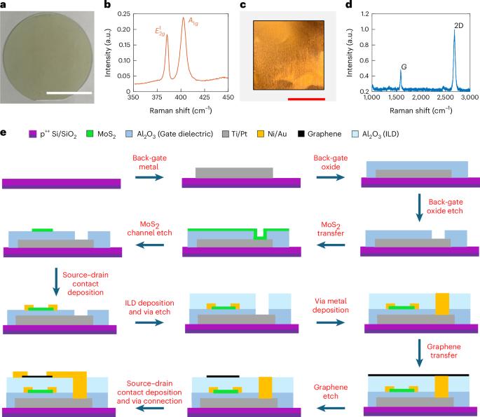 Monolithic and heterogeneous three-dimensional integration of two-dimensional materials with high-density vias