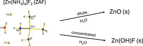 Formation of zinc tetraammine difluoride and dinitrate and conversion to zinc oxide and zinc hydroxyfluoride under ambient conditions