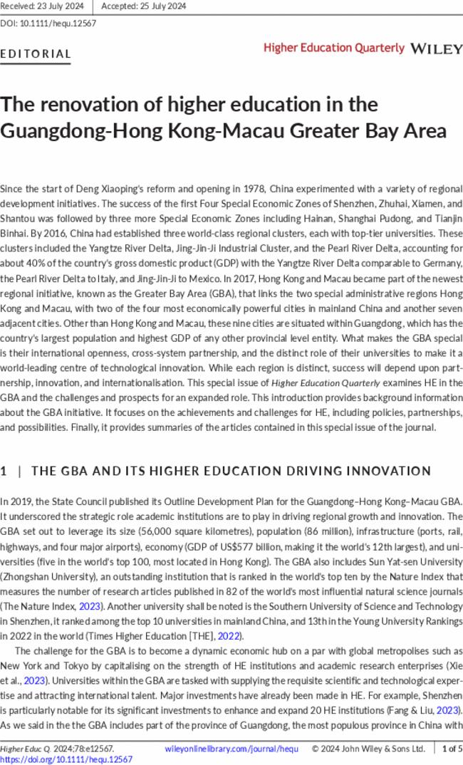 The renovation of higher education in the Guangdong-Hong Kong-Macau Greater Bay Area