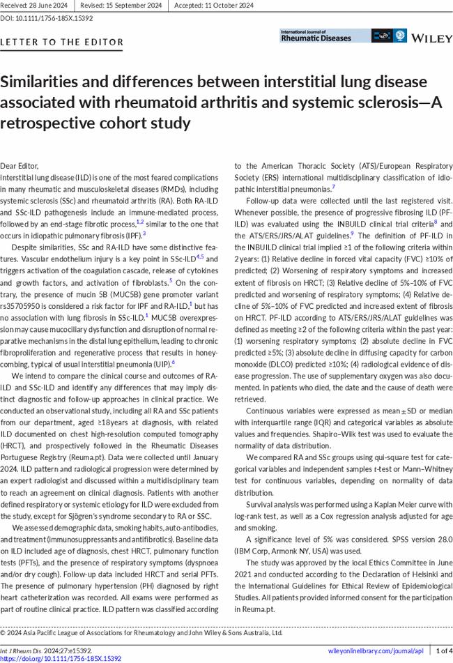 Similarities and differences between interstitial lung disease associated with rheumatoid arthritis and systemic sclerosis—A retrospective cohort study