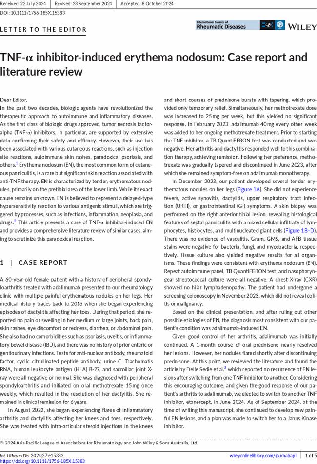 TNF-α inhibitor-induced erythema nodosum: Case report and literature review