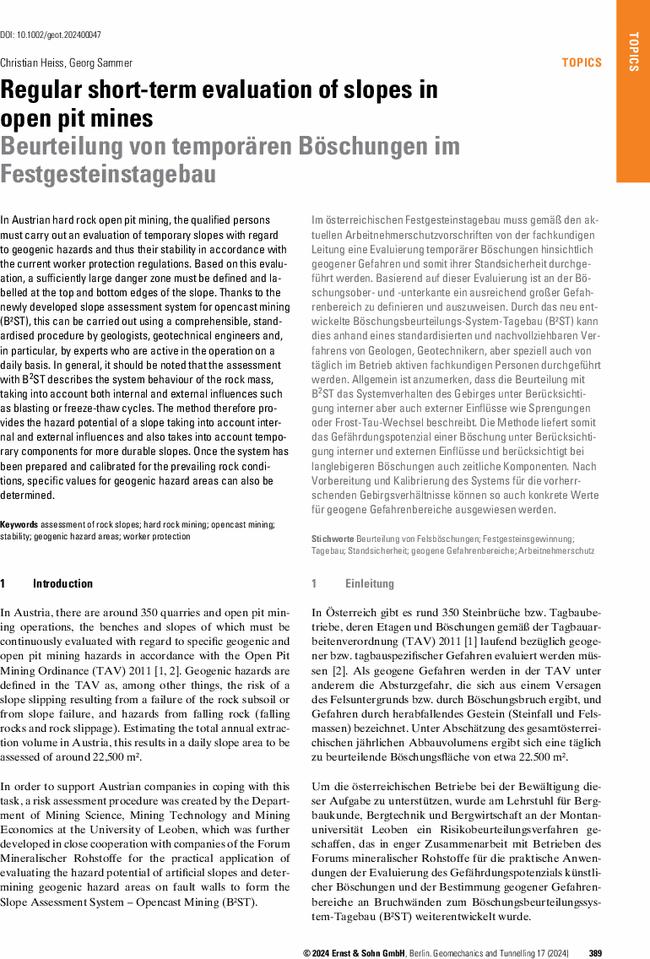 Regular short-term evaluation of slopes in open pit mines
      Beurteilung von temporären Böschungen im Festgesteinstagebau