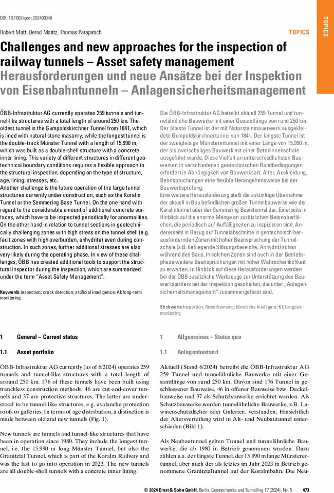 Challenges and new approaches for the inspection of railway tunnels – Asset safety management
      Herausforderungen und neue Ansätze bei der Inspektion von Eisenbahntunneln – Anlagensicherheitsmanagement