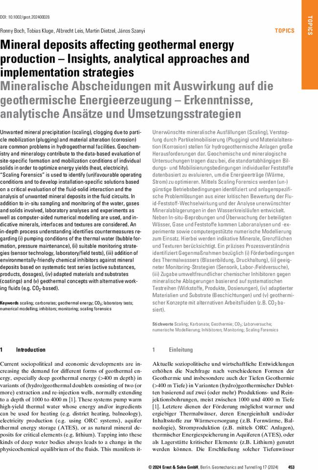 Mineral deposits affecting geothermal energy production – Insights, analytical approaches and implementation strategies
      Mineralische Abscheidungen mit Auswirkung auf die geothermische Energieerzeugung – Erkenntnisse, analytische Ansätze und Umsetzungsstrategien