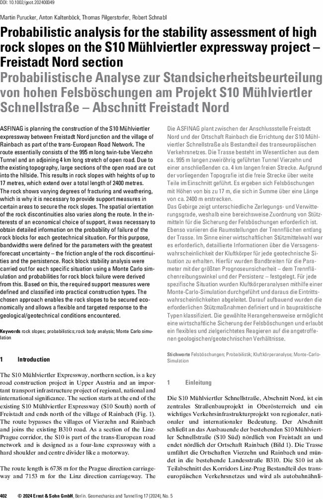 Probabilistic analysis for the stability assessment of high rock slopes on the S10 Mühlviertler expressway project – Freistadt Nord section
      Probabilistische Analyse zur Standsicherheitsbeurteilung von hohen Felsböschungen am Projekt S10 Mühlviertler Schnellstraße – Abschnitt Freistadt Nord