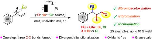 Electrochemical dibromoacetoxylation and trihalogenation of allylarenes