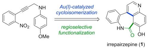 Total synthesis of natural benzoazepinoquinolinone alkaloid irrepairzepine via Au(I)-catalyzed cycloisomerization and regioselective functionalization