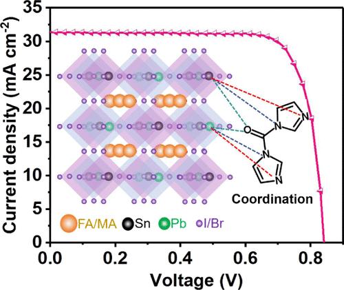 Flexible Narrow Bandgap Sn–Pb Perovskite Solar Cells with 21% Efficiency Using N,N′-Carbonyldiimidazole Treatments