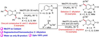 MeOTf-catalyzed Friedel–Crafts alkylation of benzoxazolones, benzothiazolones, indolinones and benzimidazolones with activated secondary alcohols†