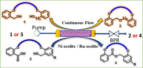 Continuous Flow Ni- or Ru-Zeolite-Catalyzed Intramolecular Dehydration of Diols and Seco-Acids for Macrocyclic Ethers and Lactones