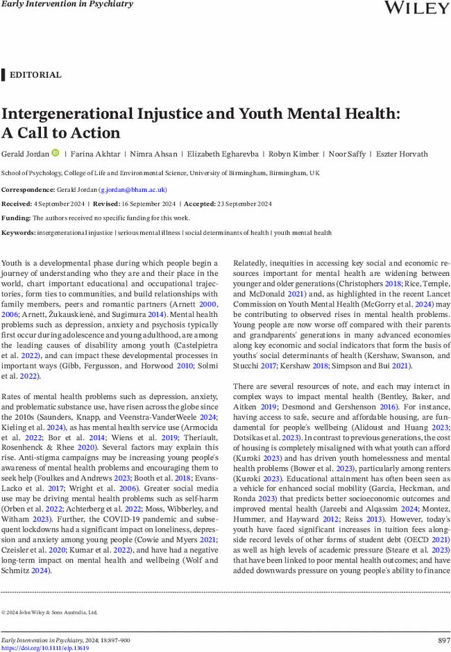 Intergenerational Injustice and Youth Mental Health: A Call to Action