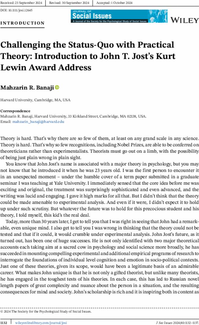 Challenging the Status-Quo with Practical Theory: Introduction to John T. Jost's Kurt Lewin Award Address