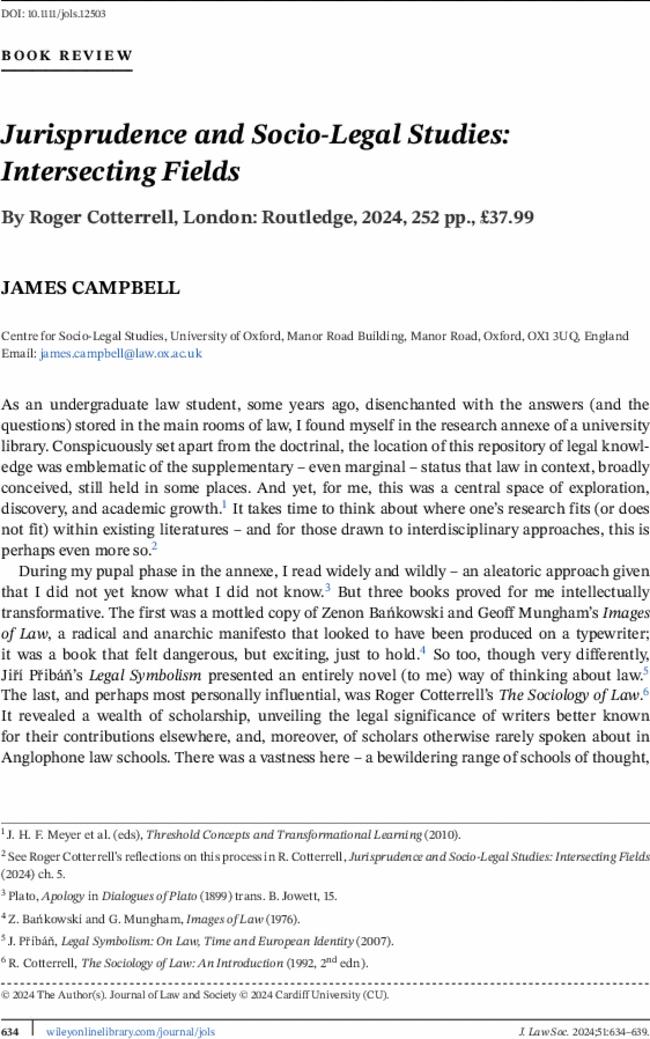 Jurisprudence and Socio-Legal Studies: Intersecting Fields By  Roger Cotterrell, London: Routledge,  2024,  252 pp., £37.99