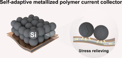 Metallized polymer current collector as “stress acceptor” for stable micron-sized silicon anodes